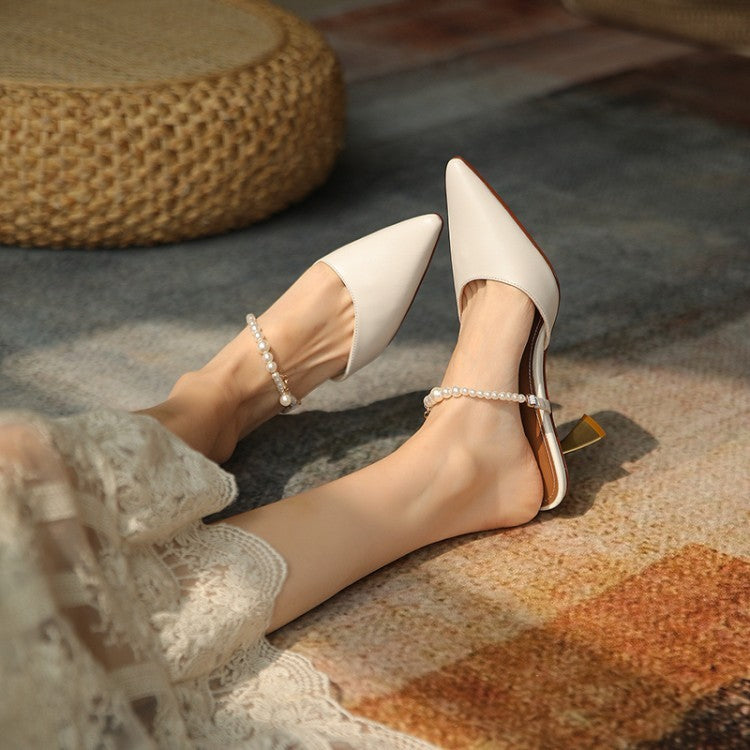 Pearl Chain Leather Explosion Point High Heel Sandals