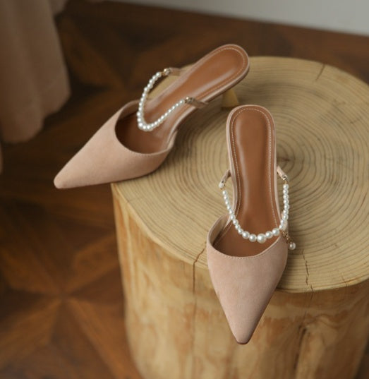 Pearl Chain Leather Explosion Point High Heel Sandals