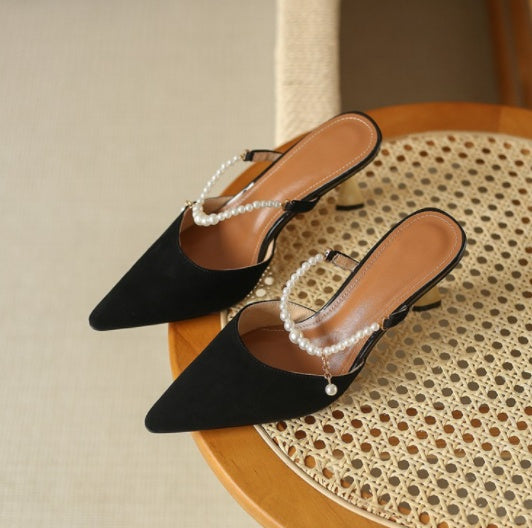 Pearl Chain Leather Explosion Point High Heel Sandals