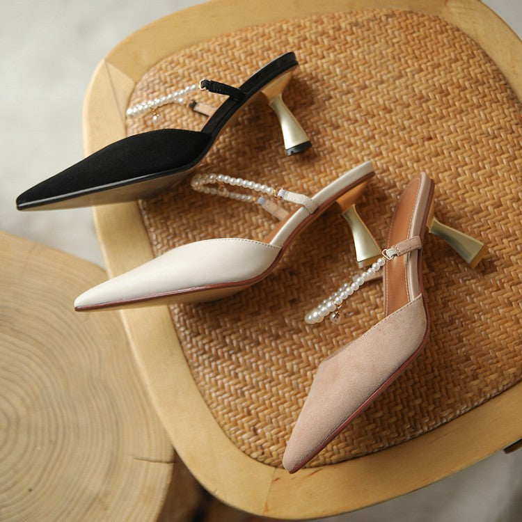 Pearl Chain Leather Explosion Point High Heel Sandals