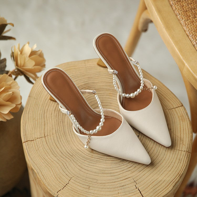 Pearl Chain Leather Explosion Point High Heel Sandals