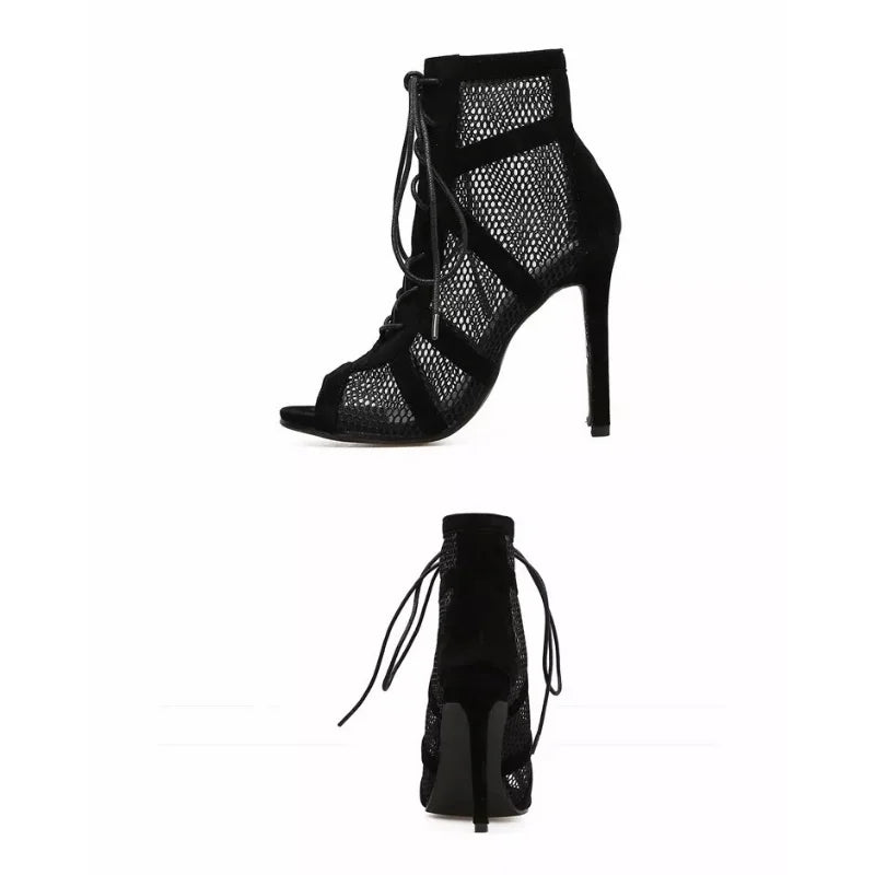 Black Net Fabric Cross Strap Sexy High Heel Sandals