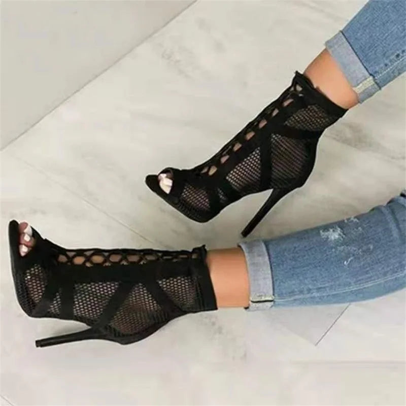 Black Net Fabric Cross Strap Sexy High Heel Sandals