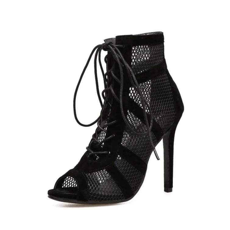 Black Net Fabric Cross Strap Sexy High Heel Sandals