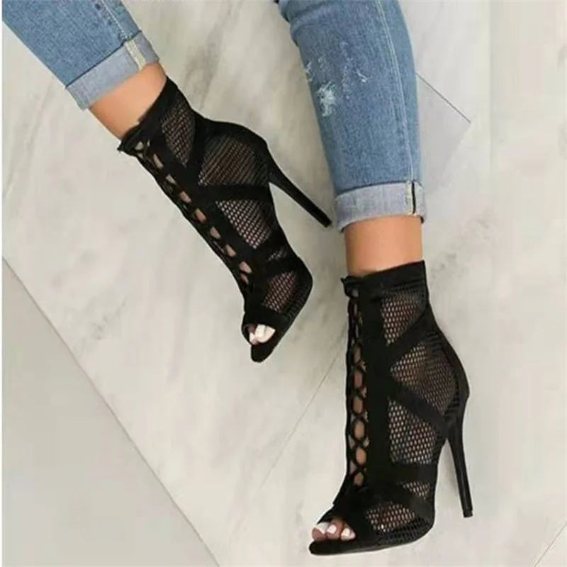 Black Net Fabric Cross Strap Sexy High Heel Sandals