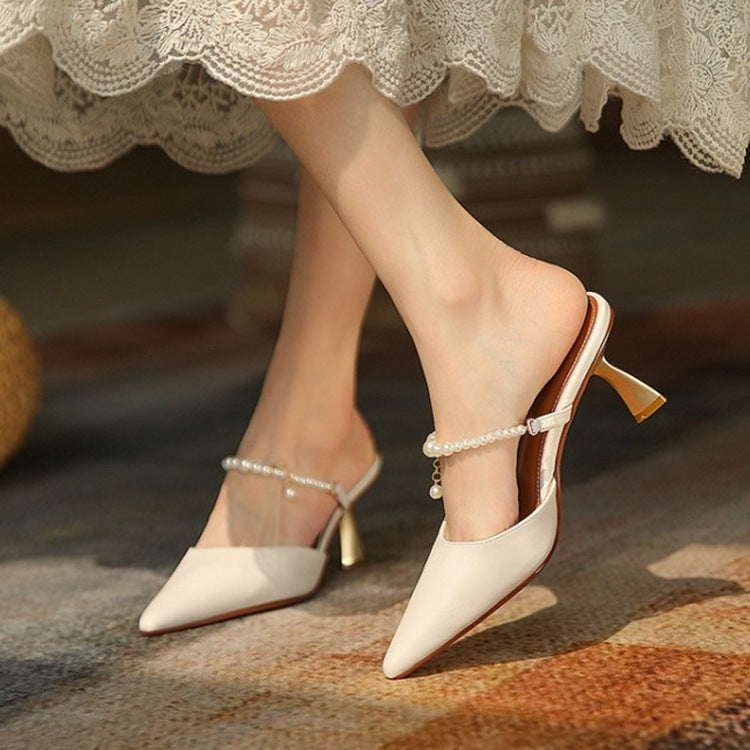 Pearl Chain Leather Explosion Point High Heel Sandals